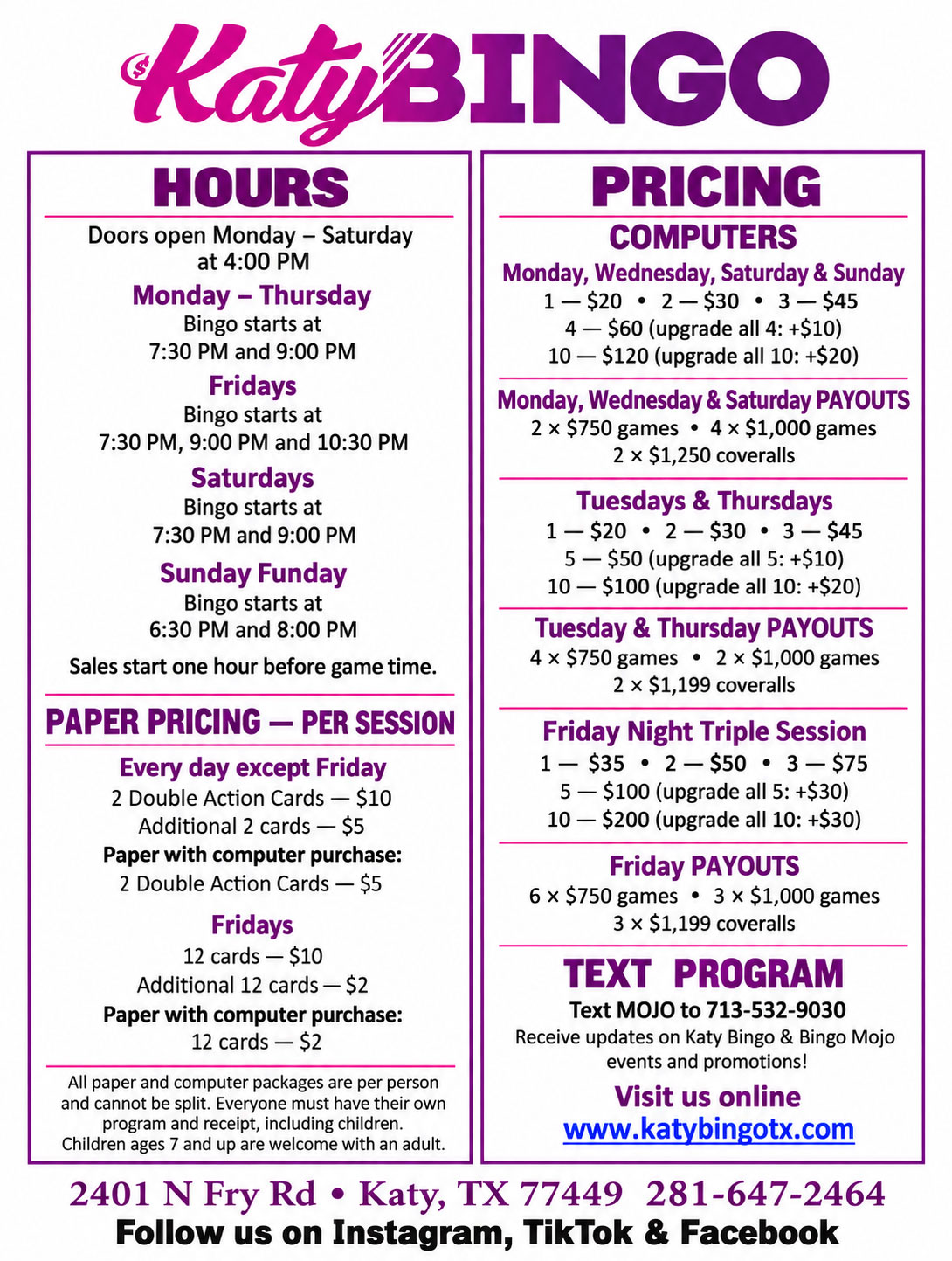 Katy Bingo Hours And Pricing Katy Bingo Hours And Pricing